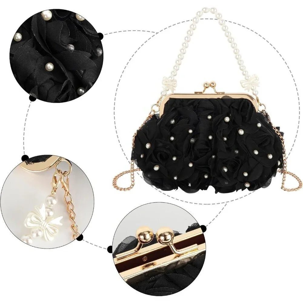 Women Mini Pearl Rose Flower Crossbody Shoulder Bag Top-handle Evening Clutch